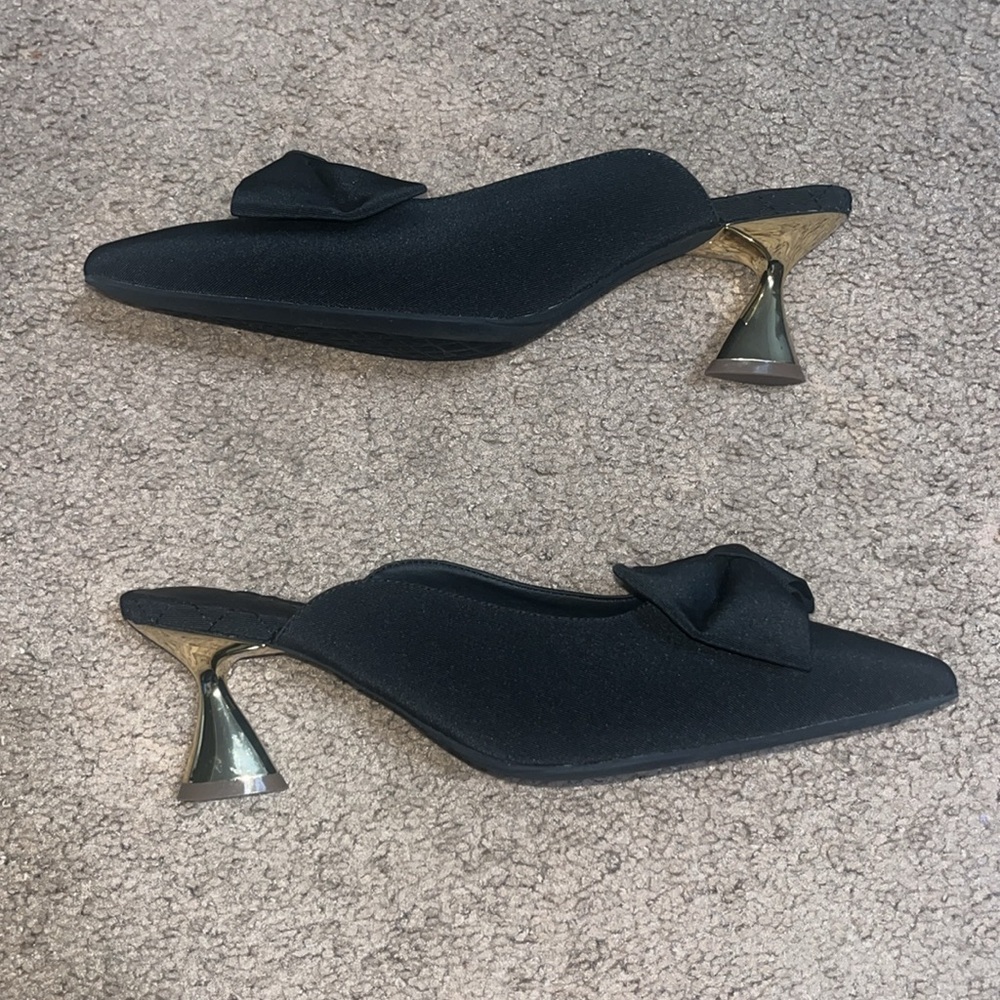 Aerosoles Juju Pointed Toe Mule Bow Gold Metallic Heel Black Fabric 11 - Picture 6 of 9